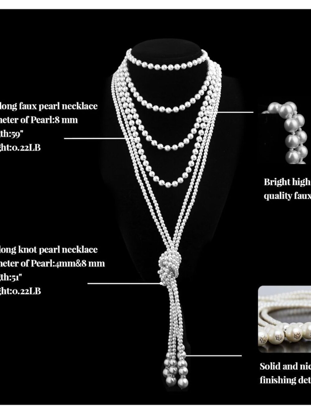 1920s Pearls Necklace Fashion Faux Pearls Gatsby Accessories Vintage Costume Jew - Picture 3 of 8